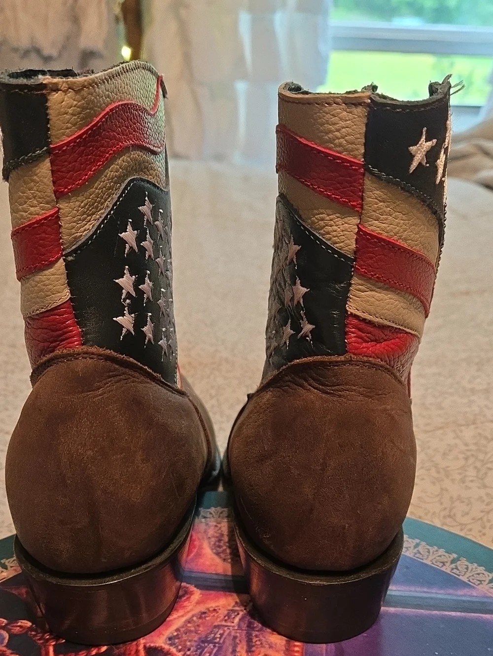 Woman's Western Ankle Boots with American Flag Accent - Brown. Size 8.5B